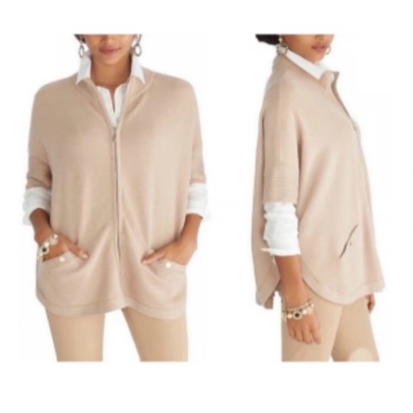 White House Black Market Sweaters - NWT White House Black Market tan/beige zip up short sleeve poncho cardigan. L